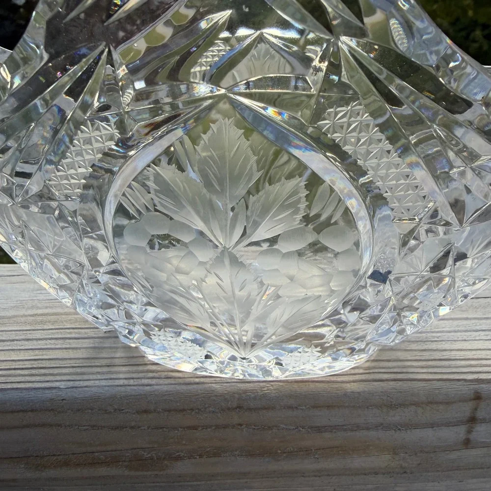 Vintage Cut Crystal Glass Basket Frosted Floral Etched Centerpiece with Handle